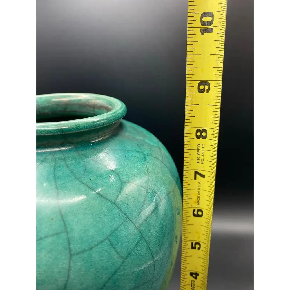 John Melkonian California Raku Studio Pottery Vase Turquoise and Black Crackle,